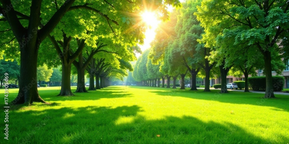 Obraz premium Sunlit Canopy of Lush Green Trees and Vibrant Grassy Lawn in a Serene Residential Area