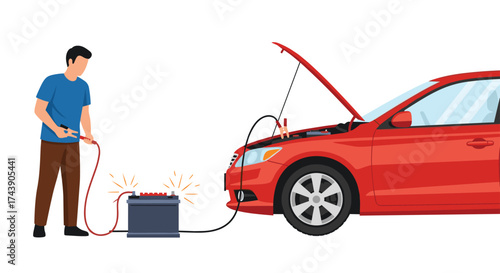 Man jump starting his red car with battery jumper cables, ready to get back on the road quickly and safely after a car battery failure