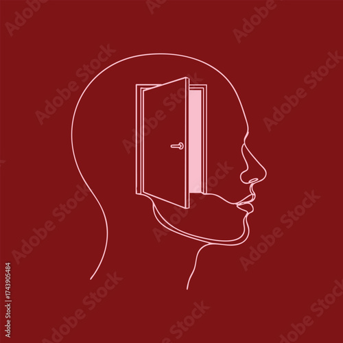 Abstract representation of a human head with an open door inside, symbolizing imagination, decision-making, or mental pathways, set against a deep red
