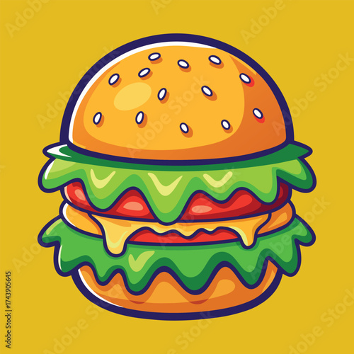 cheeseburger on white background with lettuce tomato and sesame bun
