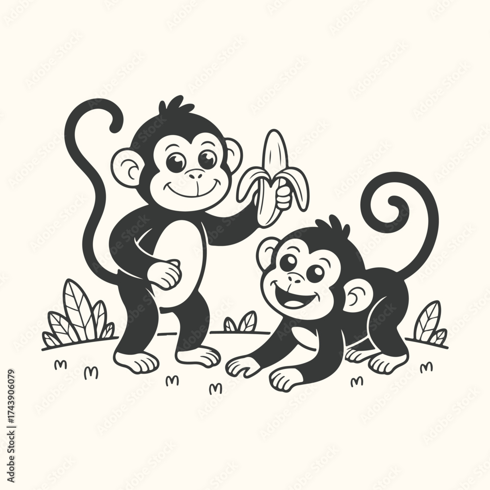 Obraz premium Vector art of two cartoon monkeys in a jungle setting, one monkey holding a banana for the other, playful and cute illustration