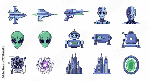 Collection of Futuristic Sci-Fi Objects and Beings.