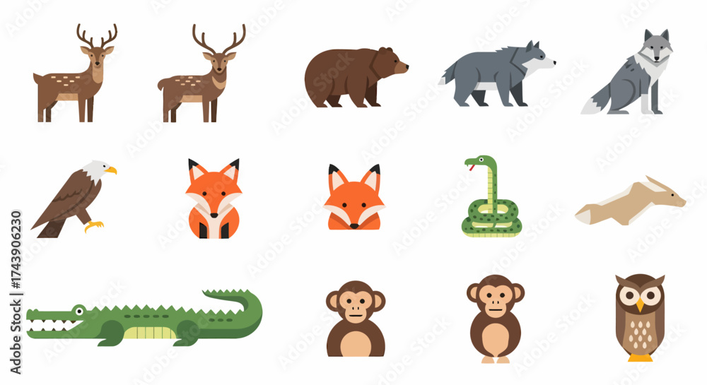 Obraz premium Collection of Diverse Wildlife Illustrations - Deer, Bear, Fox, Eagle, Snake, Monkey, Owl, and More.