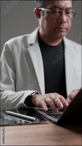 Professional man diligently works using modern technology. Mature executive focuses intently, typing laptop. Digital device productivity, business communication, remote work solutions. Smartwatch,