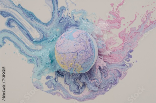A vibrant bath bomb with hues of blue, purple, and pink dissolving in water from a top-down perspective, showcasing abstract art patterns.