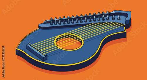 A stylized, blue, stringed musical instrument with tuning pegs, and yellow accents on orange