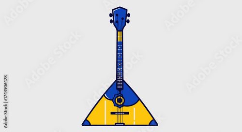 A stylized vector image of a triangular-bodied musical instrument, blue and yellow