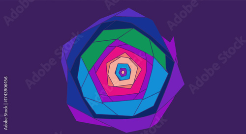 A geometric, layered artwork with concentric polygons and a purple background. The center is light