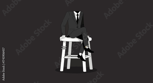 A headless suit sits on a stool, black suit, white shirt & shoes, dark backdrop