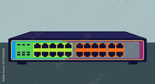 A stylized front view of a network switch with ports, in multiple colors