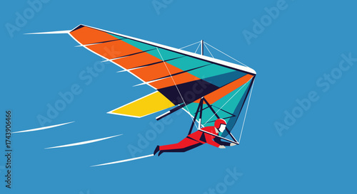 Colorful hang glider with person soaring through sky, vector illustration