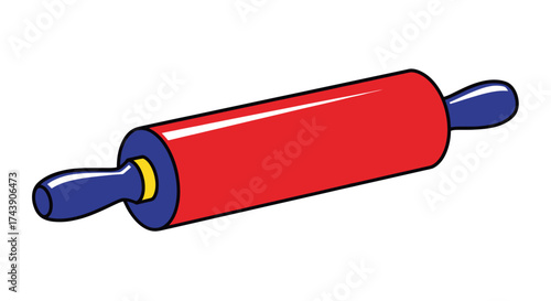 A red cartoon rolling pin with blue handles and yellow accents on a white background