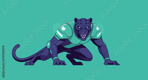 A pixelated panther in cybernetic armor is in a stalking pose against a teal background