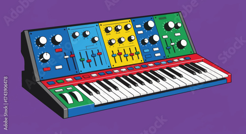 Colorful cartoon synthesizer on purple. Has keys, dials, sliders, and panels of primary colors