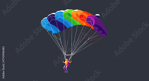 A vibrant, cartoon-style skydiver descends under a rainbow-colored parachute