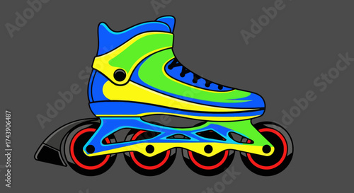 A stylized inline skate illustration with vibrant colors. It's blue, green, yellow, and black with red wheels
