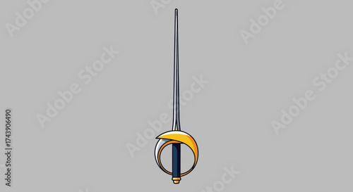 A cartoon illustration of a rapier sword with a decorative hilt, set against a gray background