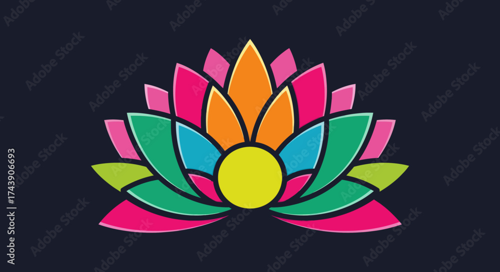 Obraz premium Colorful floral design, a stylized lotus flower in shades of pink, green, orange, blue