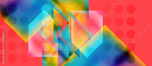 Abstract vibrant composition. Overlapping geometric shapes, colorful gradients, translucent layers create dynamic visual effect. Red polka dots background.