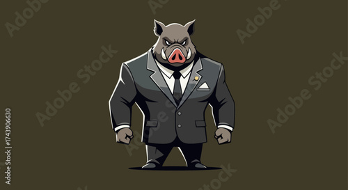 A stern-faced cartoon boar wearing a tailored suit, standing rigidly against a solid background