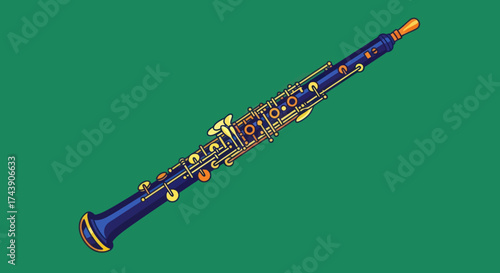 A digital illustration features an oboe, a woodwind instrument, set against a vibrant green background