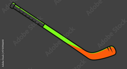An illustrated hockey stick in neon green and orange, outlined in black, on a grey background