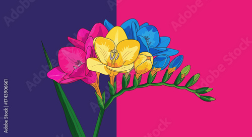 Illustration of colorful flowers against a color block background, styled like a flag