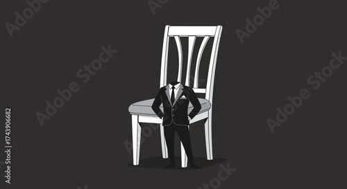 A headless suited figure stands before a wooden chair on a gray backdrop