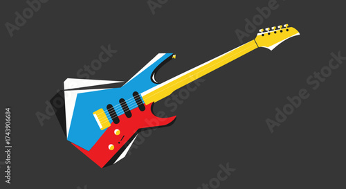 A stylized electric guitar design in primary colors and yellow on a gray background