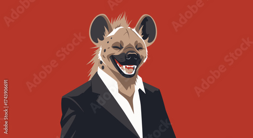 A smiling anthropomorphic hyena wearing a suit, against a red backdrop