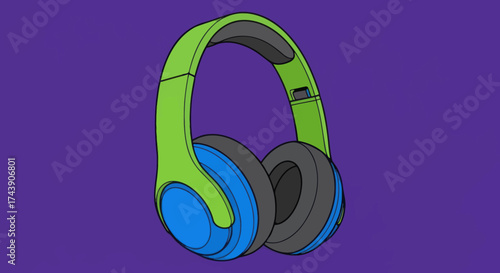 A brightly colored pair of over-ear headphones floats against a vibrant purple backdrop