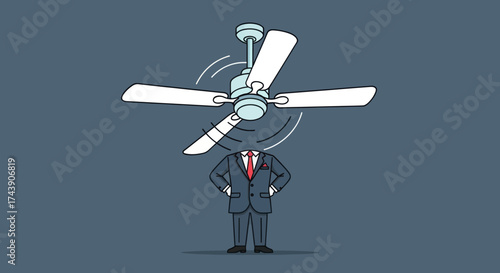 Cartoon image depicts a headless businessman standing under a spinning ceiling fan