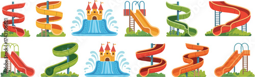 Colorful water slide collection, amusement park attraction set, spiral and straight slides with castle pool, summer fun design, flat vector illustration, playground entertainment