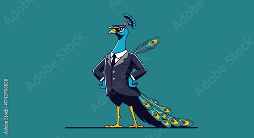 A dapper peacock with a hat, wearing a suit, standing confidently. Teal background