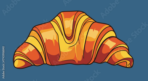 A stylized, cartoonish depiction of a croissant, rendered in warm oranges and yellows. Background is blue