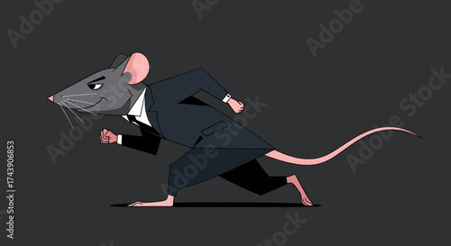 A cartoon rat in a suit runs, head turned with smirk. Grey, pink, and black on dark background