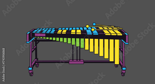 A colorful, vector illustration of a marimba with mallets, set on a gray background