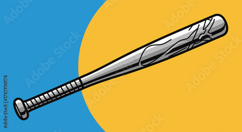 A chrome baseball bat against blue and yellow abstract shapes, striking, stylized, and iconic