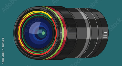 Cartoon style illustration of a camera lens, with a detailed design against a teal background