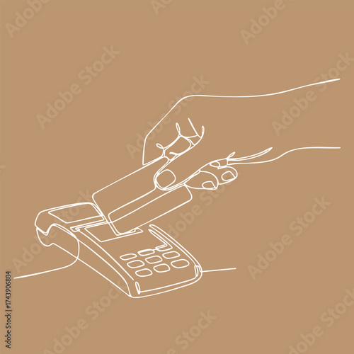 Close-up of a hand pressing a button on a modern point-of- terminal for payment transactions