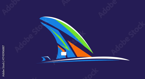 A colorful, stylized depiction of a fin or sail against a dark blue background