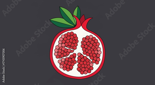 Illustration of a sliced open pomegranate with green leaves on a dark gray background