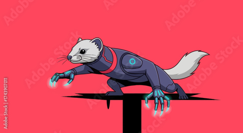 A pixelated ermine, in futuristic suit, glowing claws extended over a black rift, red background