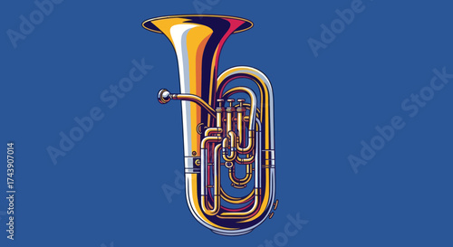 A detailed, colorfully-shaded illustration of a tuba against a blue background