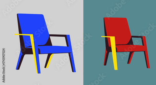Two chairs; one blue, one red. Both have yellow armrests and sit on different colored backgrounds
