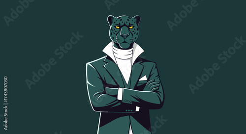A dignified panther in formal attire, arms crossed. Dark teal palette with white accents