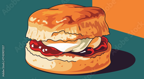 A stylized, illustrated scone with jam and clotted cream, set against a two-toned background