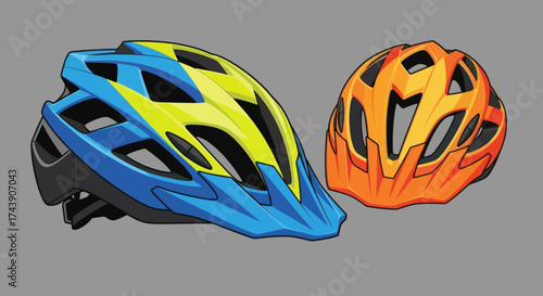 Two brightly colored bicycle helmets, one blue/yellow and the other orange, sit side-by-side