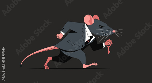 An anthropomorphic rat in a suit, holding a key, running with determination