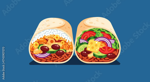 Two stylized burrito halves showcase diverse fillings. Blue backdrop, bright colors, and shadow effect